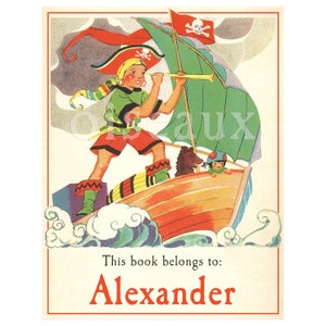 Pirate Bookplates - Personalized Book Labels - Boy&#39;s Heritage Library, Adorable Birthday Gift for Him, Vintage Ex Libris, Grandparent Gift