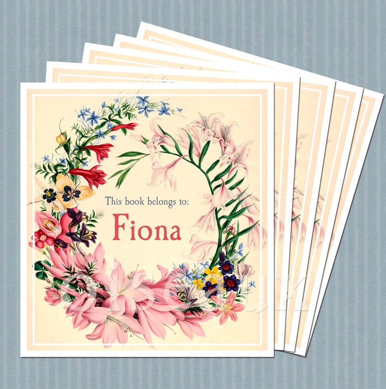 Vintage bookplates featuring a wreath of flowers against a cream background, text is in pale blue, name is in pink, with a slim white border around the edge. Flowers are pink, red, blue, purple or various sizes