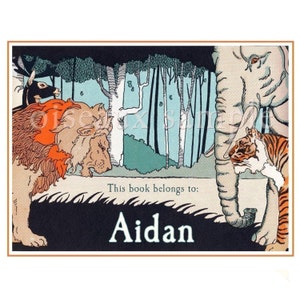 Jungle Bookplates - Personalized Vintage Library Labels - Set of 24 - Lion, Elephant, Tiger