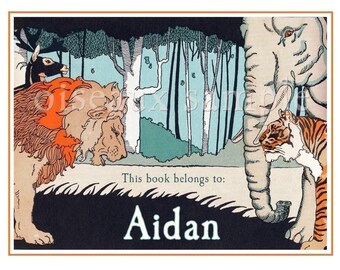 Ex libris de la selva - Etiquetas de biblioteca vintage personalizadas - Juego de 24 - León, elefante, tigre