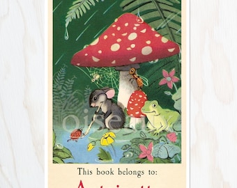 Puddle Pals Bookplates - Personalized Child's Birthday, Spring Gift - Vintage Woodland Ex Libris, Custom Bookworm Present