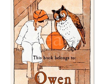 Night Owl Bookplates - Personalized Ex Libris - Set of 24 - Vintage Boy's Library, Unique Birthday Gift