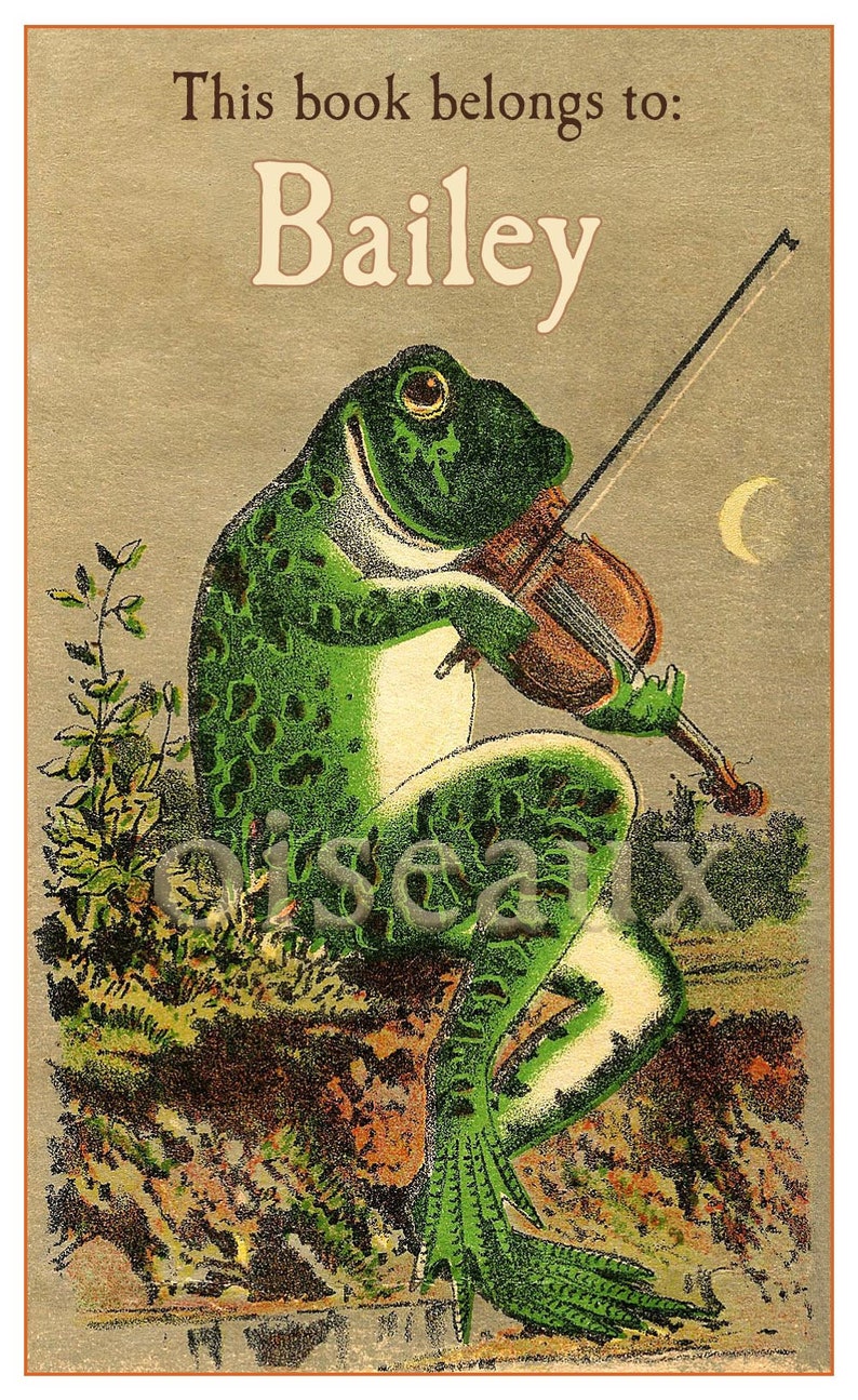 Frog & Violin Bookplates Personalized Book Labels Cute Vintage Book Labels, Unique Baby Shower Gift, Ex Libris image 1