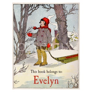 Personalized Sled Bookplates - Vintage Book Labels - Girl&#39;s Birthday Gift, Christmas Library, Stocking Stuffer, Heritage Ex Libris