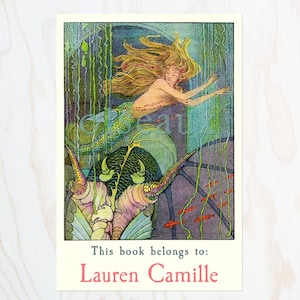 Mermaid Grotto Bookplates - Personalized Vintage Book Labels, Heritage Fantasy Ex Libris, Unique Girl&#39;s Birthday Gift, Present for Her