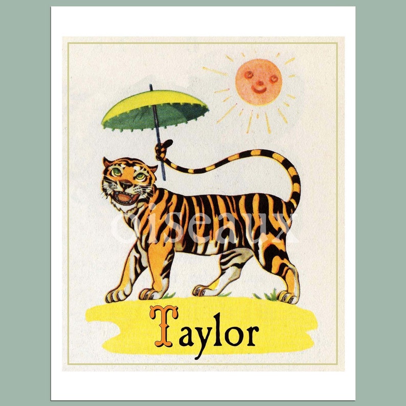 Personalized PRINT Vintage Tiger Happy Nursery, Children's Room Decor, Unique Custom Gift, Baby Shower image 2