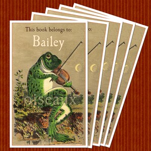 Frog & Violin Bookplates Personalized Book Labels Cute Vintage Book Labels, Unique Baby Shower Gift, Ex Libris image 2