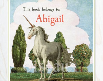 Unicorn Bookplates - Personalized Vintage Book Labels - Magical Girl's Birthday Present, Fairytale Ex Libris, Gift for Her