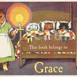 Goodnight Kittens Bookplates - Personalized Vintage Book Labels - Darling Children&#39;s Gift, Cat Lover, Ex Libris