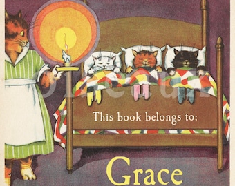 Etiquetas para libros "Buenas noches, gatitos" - Etiquetas vintage personalizadas para libros - Regalo adorable para niños, ideal para amantes de los gatos.