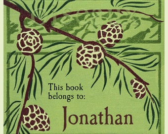 Pinecone Bookplates - Personalized Ex Libris - Set of 24 - Lovely Holiday, Birthday Gift - Christmas Library