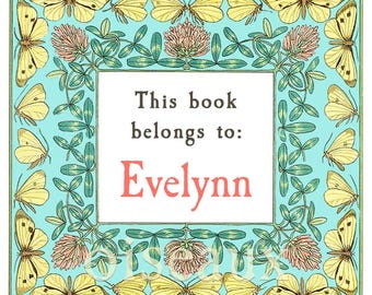 Butterflies & Clover Bookplates - Personalized Ex Libris - Set of 24 - Vintage Library Gift