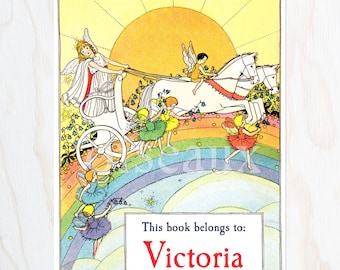 Rainbow Chariot Bookplates - Vintage Personalized Book Labels, Waldorf Fairy Library, Unique Teacher Present, Baby Registry