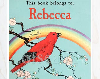 Red Bird & Rainbow Bookplates - Personalized Ex Libris - Set of 24 - Keepsake Gift, Bird Lover Present