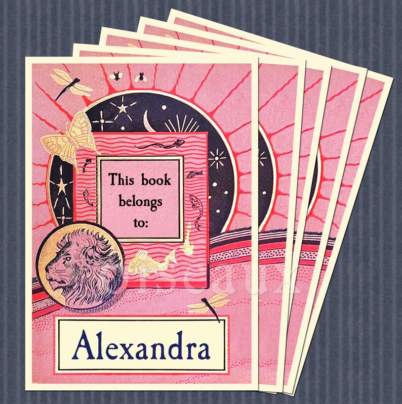 Several vintage bookplates in pink, red, navy blue and pale yellow features Art Deco-style imagery including a lion, butterflies, fish, dragonflies, and sun, moon, stars. Bookplate text is in dark blue