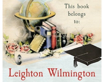 Graduation Bookplates - Vintage Personalized Book Labels, Heritage Ex Libris, University, High School Graduate Gift - Custom School + Year