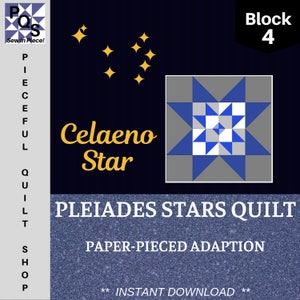 May include: Block 4 of the Pleiades Stars Quilt, a paper-pieced adaptation of the Celaeno Star. The block features a blue and white star on a gray background. The text "Block 4" is in the upper right corner of the image.