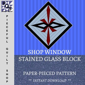 Può includere: Un modello di download digitale per un blocco di trapunta in vetro colorato chiamato "Shop Window". Il blocco presenta un design rosso, nero e bianco su uno sfondo blu. Il modello è assemblato con carta e include un download istantaneo.