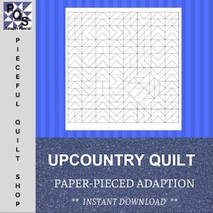 May include: A black and white geometric quilt pattern, titled "Upcountry Quilt," is displayed on a white background. The image includes the text "Paper-Pieced Adaption" and "Instant Download." The background is blue.