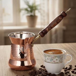 May include: A copper coffee pot with a wooden handle and a cup of coffee with floral designs. Coffee beans are scattered on the wooden table. The pot has a hammered texture and a shiny finish.