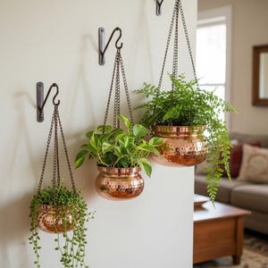 Handmade Hammered Copper Hanging Planter Set – Indoor Outdoor