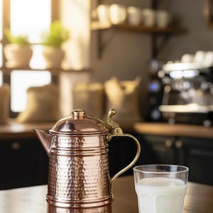 Puede incluir: Una cafetera de cobre con textura martillada y un vaso de leche sobre una mesa de madera. La cafetera tiene un asa y una tapa decorativas. El fondo incluye un entorno de cafetería con estantes y una máquina de café.