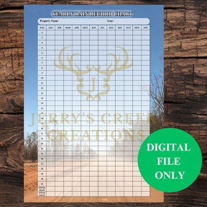 May include: A printable yearly rain record chart with a grid for recording rainfall amounts for each day of the year. The chart has a blue sky background with a dirt road and trees in the distance. The text "YEARLY RAIN RECORD CHART" is at the top of the chart.