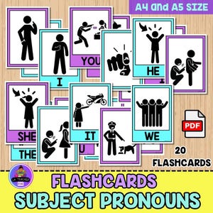 Puede incluir: Un conjunto de 20 flashcards coloridas que presentan pronombres personales. Cada tarjeta tiene una ilustración simple y el pronombre escrito en texto negro. Los pronombres incluidos son: yo, tú, él, ella, ello, nosotros/nosotras, y ellos/ellas.