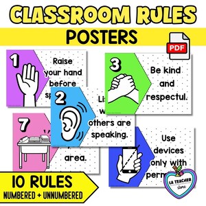 Op de afbeelding: Een set klasregels posters met kleurrijke achtergronden en illustraties. De posters bevatten regels zoals handen opsteken, luisteren en respectvol zijn. De tekst "CLASSROOM RULES POSTERS" staat bovenaan.