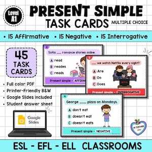 Puede incluir: Conjunto educativo de 45 tarjetas de tareas sobre el presente simple para aulas ESL, EFL y ELL. Incluye 15 preguntas de opción múltiple afirmativas, 15 negativas y 15 interrogativas. Contiene un PDF a color, versión en blanco y negro, Google Slides y hoja de respuestas.