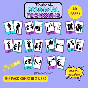 Puede incluir: Un conjunto de tarjetas didácticas para aprender pronombres personales. Cada tarjeta presenta ilustraciones de figuras de palo que representan pronombres como "él", "ella", "ellos/ellas" y "ello". El conjunto incluye 20 tarjetas y está disponible para descarga instantánea.