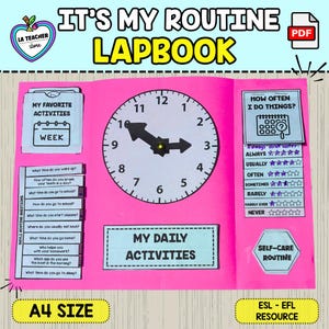Puede incluir: Un libro desplegable rosa de tamaño A4 titulado "IT'S MY ROUTINE LAPBOOK". Presenta un reloj, secciones para actividades diarias, actividades favoritas y una rutina de autocuidado. El texto incluye "MY DAILY ACTIVITIES".