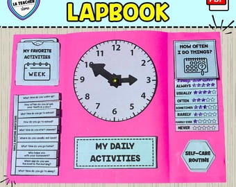May include: A pink A4-sized lapbook titled "IT'S MY ROUTINE LAPBOOK". It features a clock, sections for daily activities, favourite activities, and a self-care routine. The text includes "MY DAILY ACTIVITIES".