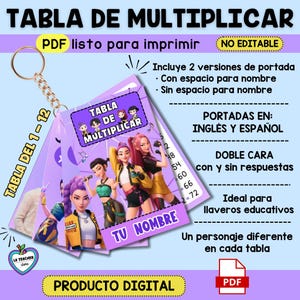 Tabla de Multiplicar para Imprimir | Printable PDF  | Doble Cara | Personalizable | Portadas en inglés y español | Llaveros educativos