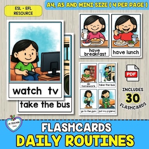 Daily Routines Flashcards – 3 Sizes (A4, A5, Mini) – ESL Vocabulary for Kids