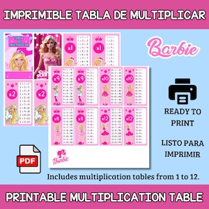 Puede incluir: Tablas de multiplicar imprimibles con un tema de Barbie rosa y blanco. Las tablas incluyen los números del 1 al 12. El texto "Ready to Print" y "Listo Para Imprimir" está incluido en la página.