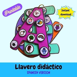Puede incluir: Un llavero didáctico de aprendizaje del alfabeto español imprimible. La letra A está hecha de cartón rosa con una variedad de imágenes en los círculos circundantes. El texto "Llavero didáctico SPANISH VERSION" está en la parte inferior de la imagen.