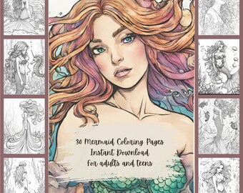 30 Mermaid Coloring Pages - "8.5x11" inch Mermaid Coloring pages for adults and teens| Instant Download PDF| Printable and Digital