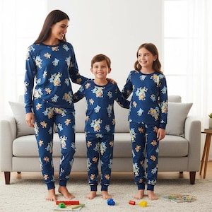 Cartoon Animal Family Pajamas, Blue Long Sleeve PJs, Blue Puppy Long Tee & Pants PJs, Family Matching Pajamas Set, Christmas Gift