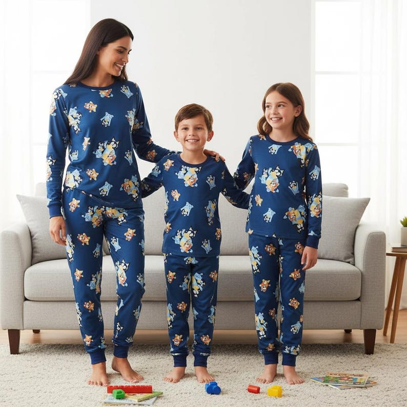 Cartoon Animal Family Pajamas, Blue Long Sleeve PJs, Blue Puppy Long Tee & Pants PJs, Family Matching Pajamas Set, Christmas Gift