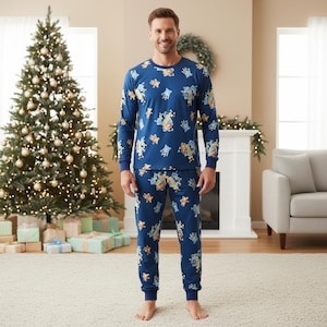 Cartoon Animal Family Pajamas, Blue Long Sleeve PJs, Blue Puppy Long Tee & Pants PJs, Family Matching Pajamas Set, Christmas Gift