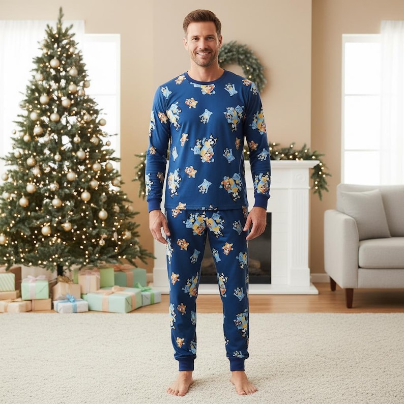 Cartoon Animal Family Pajamas, Blue Long Sleeve PJs, Blue Puppy Long Tee & Pants PJs, Family Matching Pajamas Set, Christmas Gift