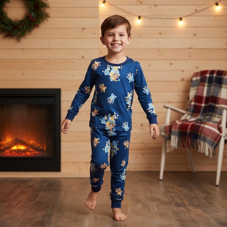 Cartoon Animal Family Pajamas, Blue Long Sleeve PJs, Blue Puppy Long Tee & Pants PJs, Family Matching Pajamas Set, Christmas Gift