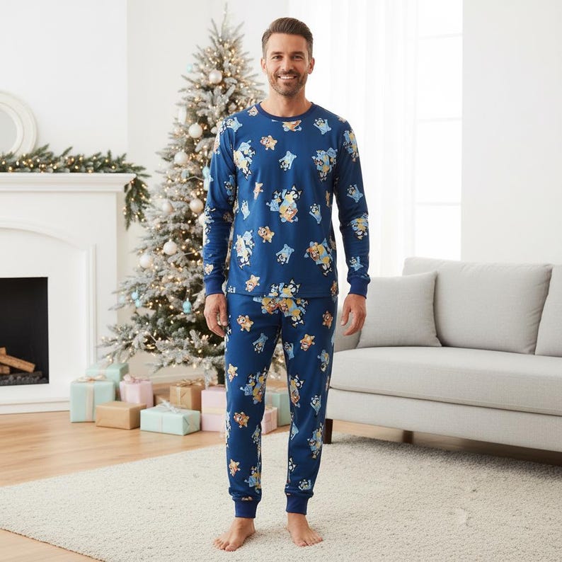 Cartoon Animal Family Pajamas, Blue Long Sleeve PJs, Blue Puppy Long Tee & Pants PJs, Family Matching Pajamas Set, Christmas Gift