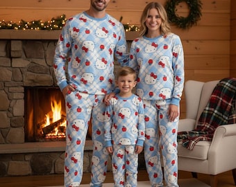 Pijama familiar de gatitos, pijama azul de manga larga, pijama de gato con camiseta y pantalón largo, conjunto de pijama familiar a juego, regalo familiar de Navidad.