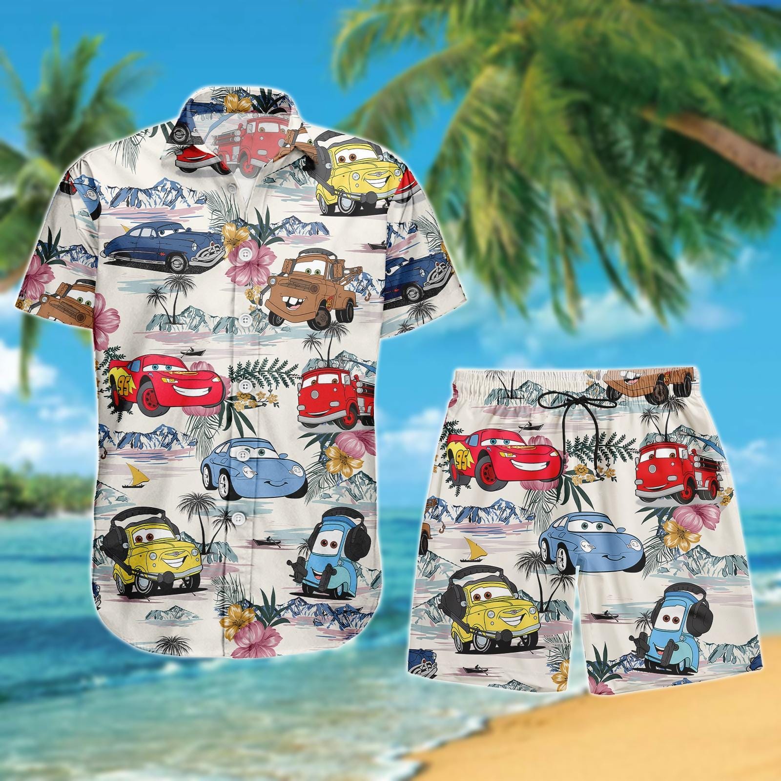 Discover Disney Cars Aloha Summer Button Shirt, Lightning McQueen Mater Short, Disney Family Trip Matching Outfit For Men and Women
