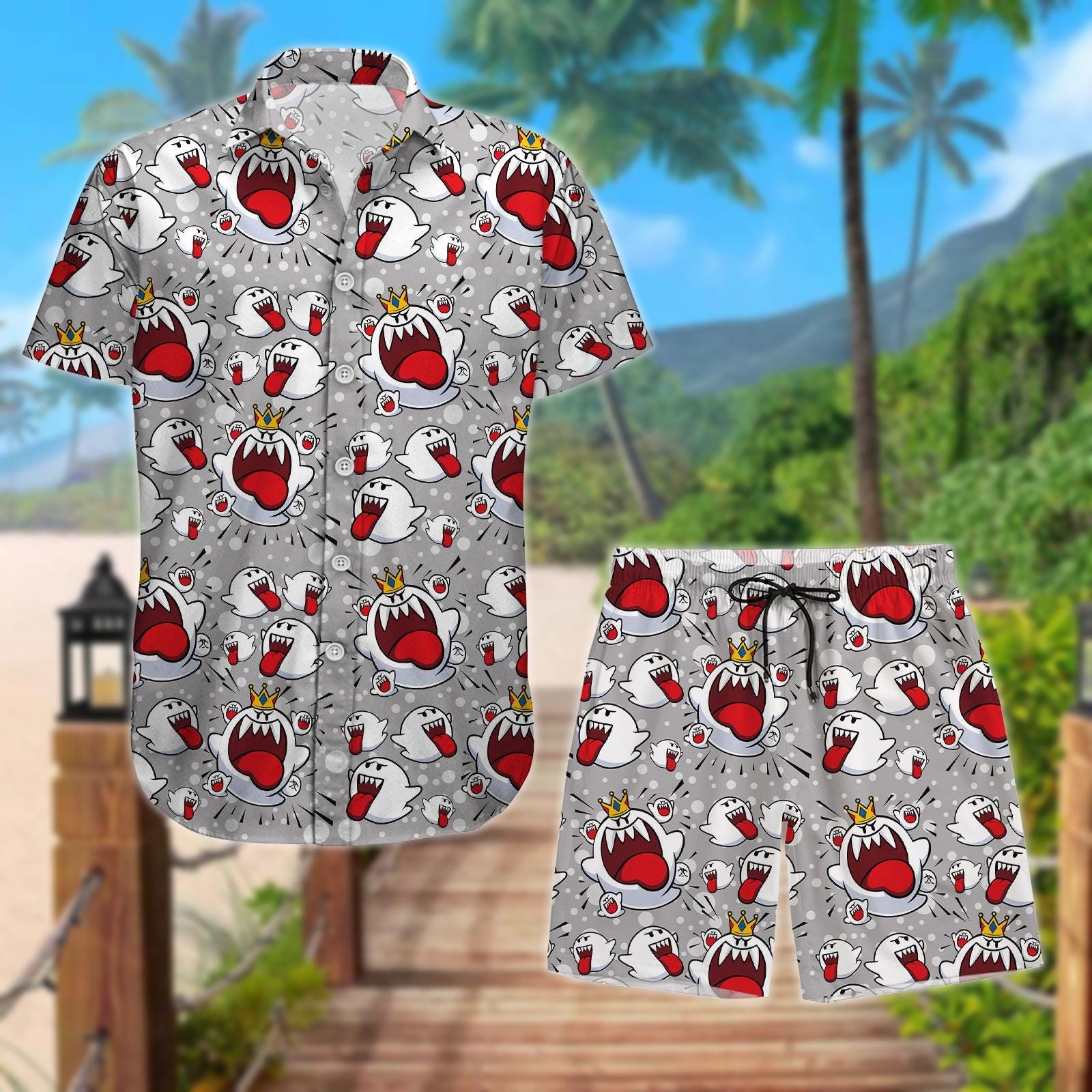 Discover Boo Ghost Hawaiian Shirt, Super Mario Galaxy Summer Short, Nintendo Gaming Aloha Button Shirt For Men, Funny Mario Vacation Beach Outfi