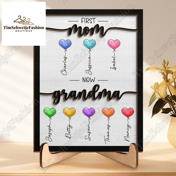 Personalized Mommy Grandma Balloons Wooden Sign 2 Layer, Family Custom Wooden Plaque With Stand, House Warming Gift For Mom, Grandma