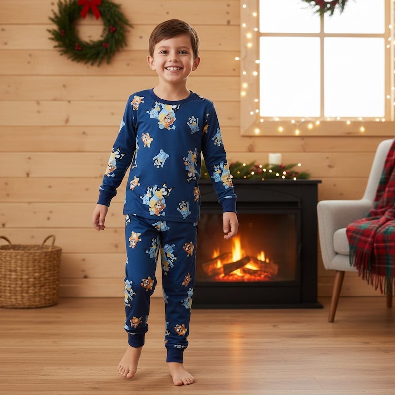 Cartoon Animal Family Pajamas, Blue Long Sleeve PJs, Blue Puppy Long Tee & Pants PJs, Family Matching Pajamas Set, Christmas Gift