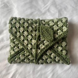 Green Crochet Book Sleeve with Wrap-around Strap and Leaf Detail